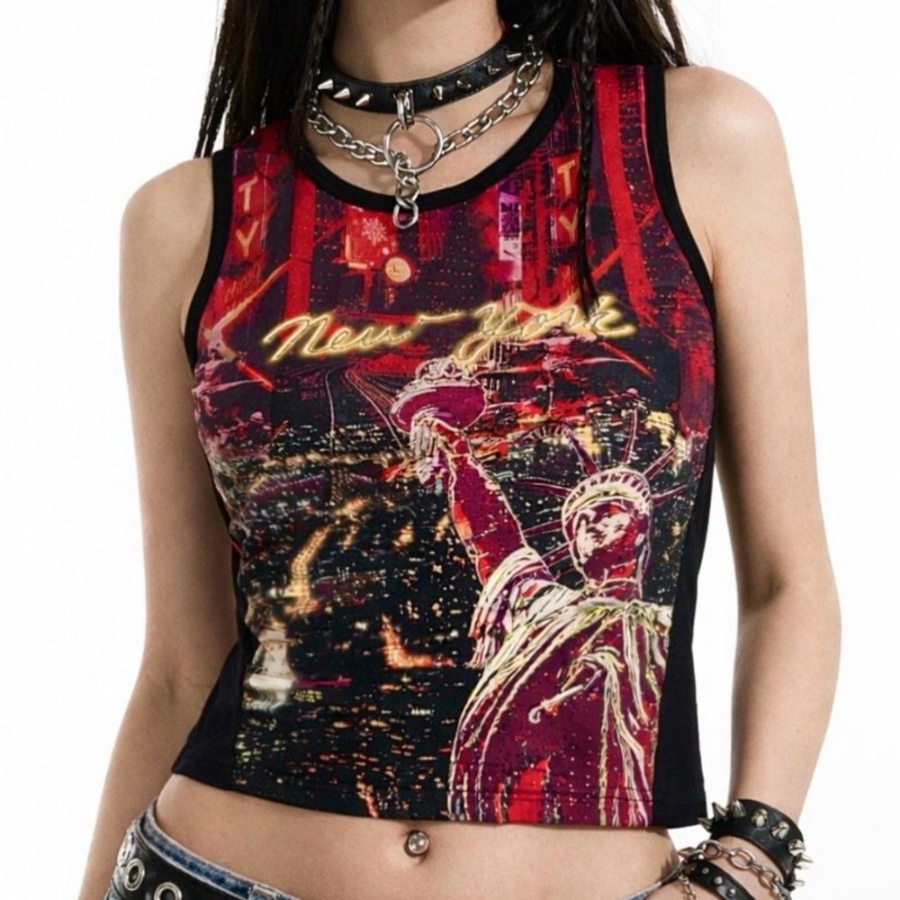 Y2K SELF ESTEEM NYC Glittery Graphic Print Fitted Tank Top Indie Mall Goth Small